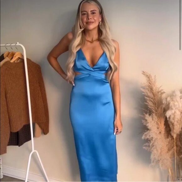 Zara Satin Effect Cut Out Maxi Dress Blue Bloggers Fav Size Small - Picture 4 of 14